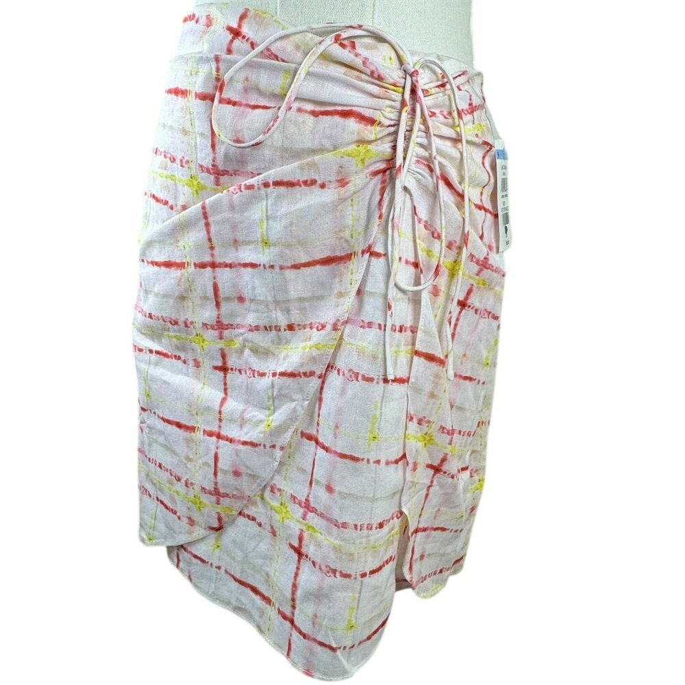 NWT Petal & Pup Linen Blend Mini Skirt M Pink Red Plaid Tie Dye Ruched Wrap